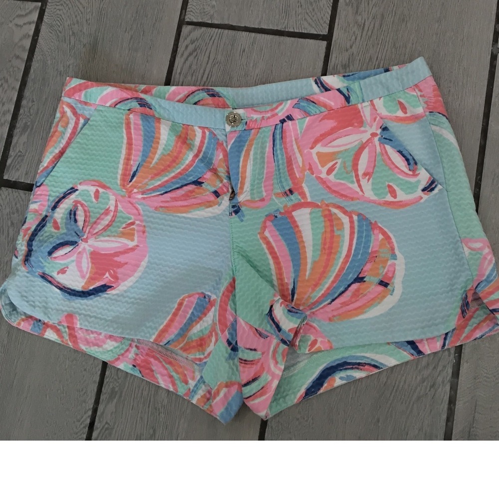 Lilly Pulitzer Callahan Shorts Blue Seersucker Seashell Sand Dollar Print - 10